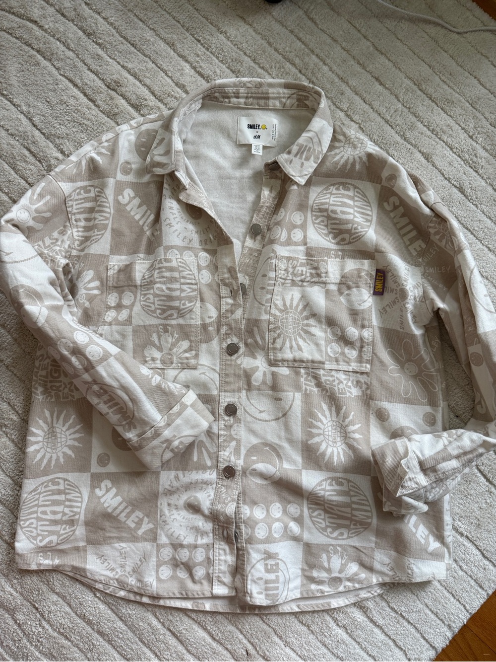 Smiley X H&M Beige Graphic Cotton Shirt Jacket Size XS (oversized-fits up to M)